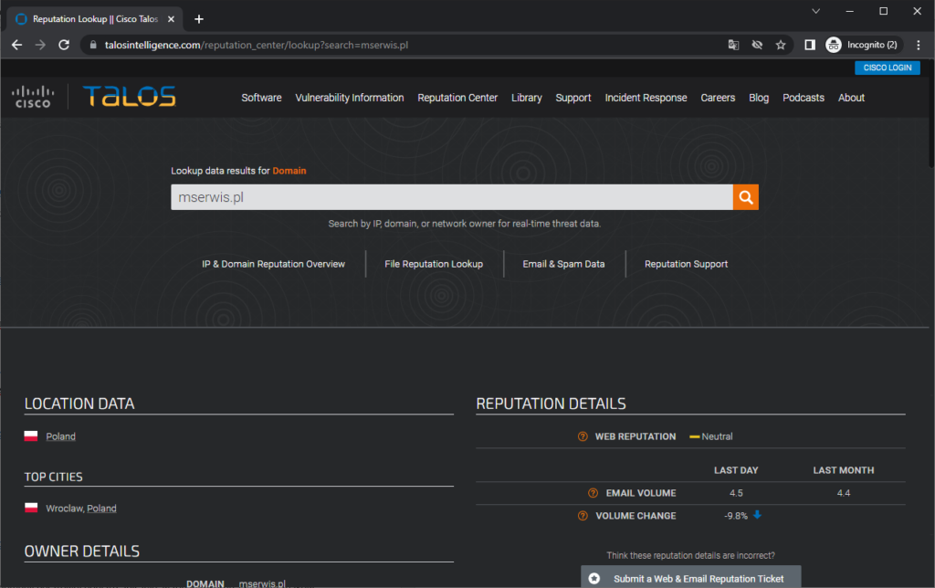 Rysunek 4 Ocena reputacji domeny systemem Talos.