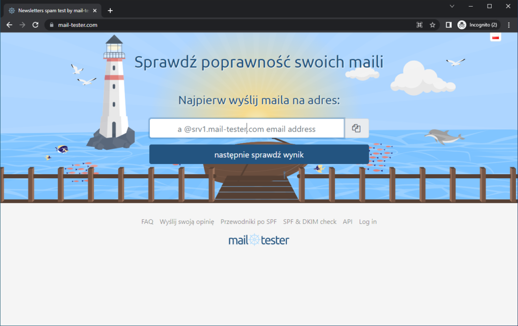 Rysunek 8 Początek procedury sprawdzania wiadomości email w Mail-tester.com