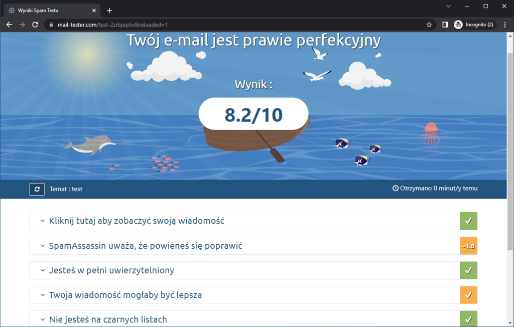 Rysunek 9 Raport oceny jakości dostarczania wiadomości email w Mail-tester.com