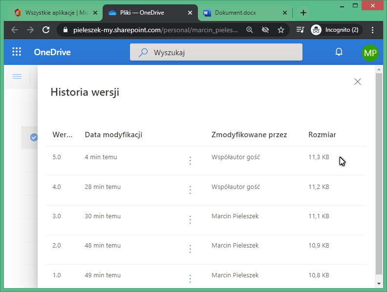 Rysunek 5 Sprawdzanie historii wersji pliku w usłudze OneDrive.  zdalna praca grupowa