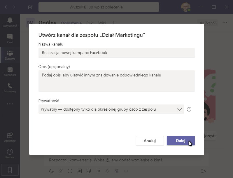 Tworzenie nowego „prywatnego” kanału komunikacji Zespołu w Microsoft Office365 Teams