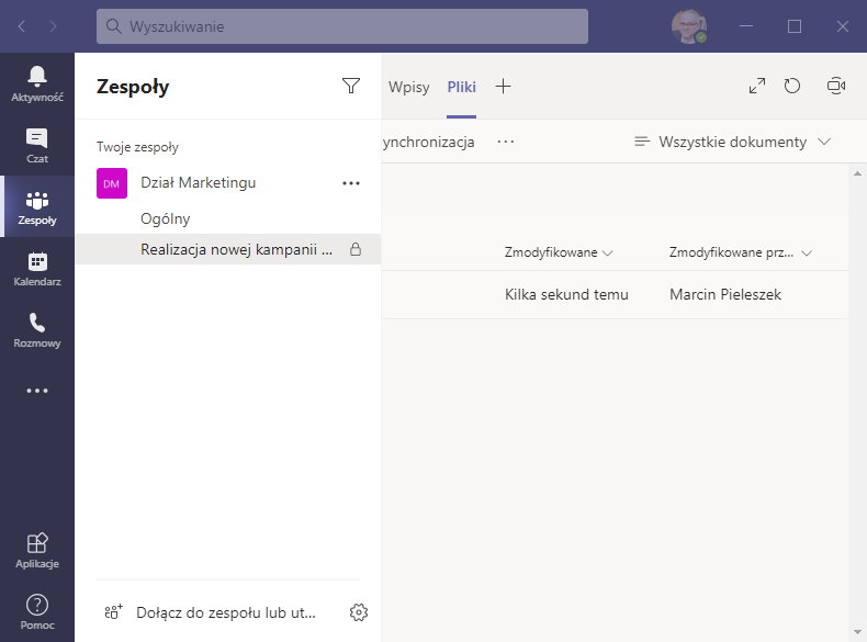 Rysunek 10 Udostępnianie plików dla Kanału (Projektu): Realizacja nowej kampanii Facebook.