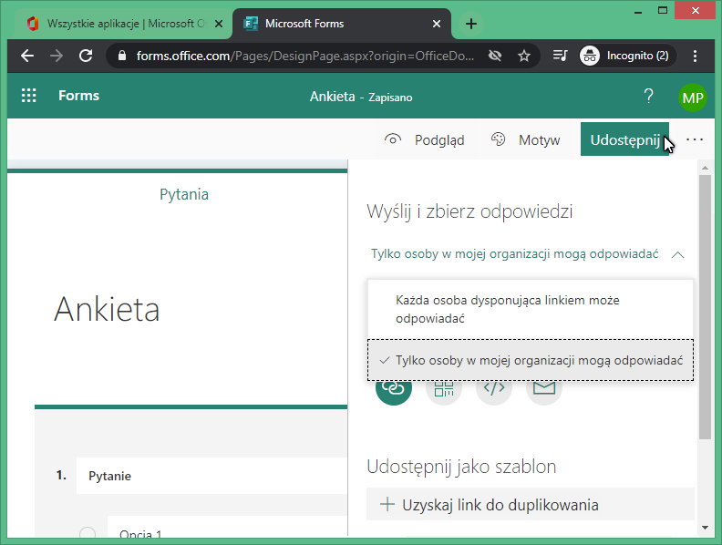Rysunek 1 Udostępnienie ankiety w MS Forms