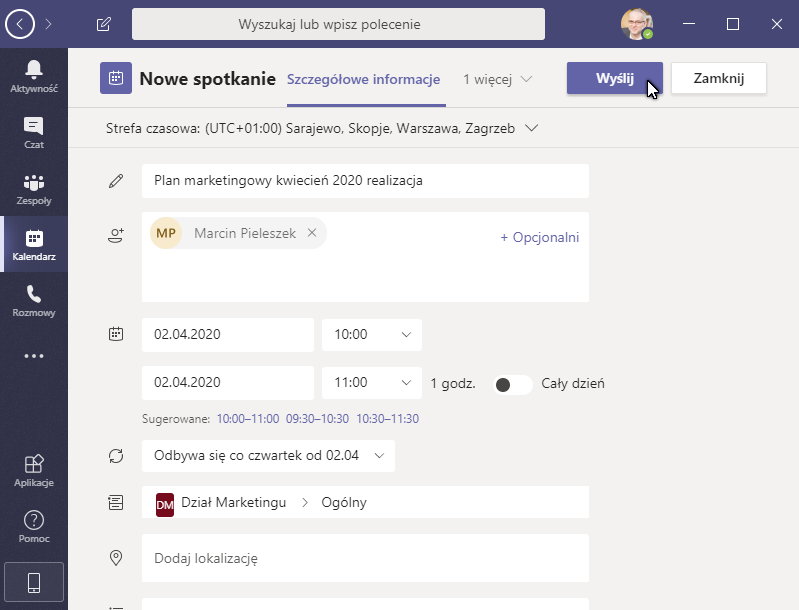 Ustalanie szczegółów spotkania Zespołu w Teams
