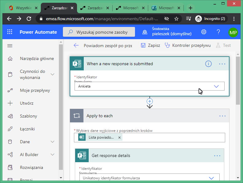 Rysunek 2 Wybór identyfikatora formularza, w celu generowania automatycznych powiadomień.