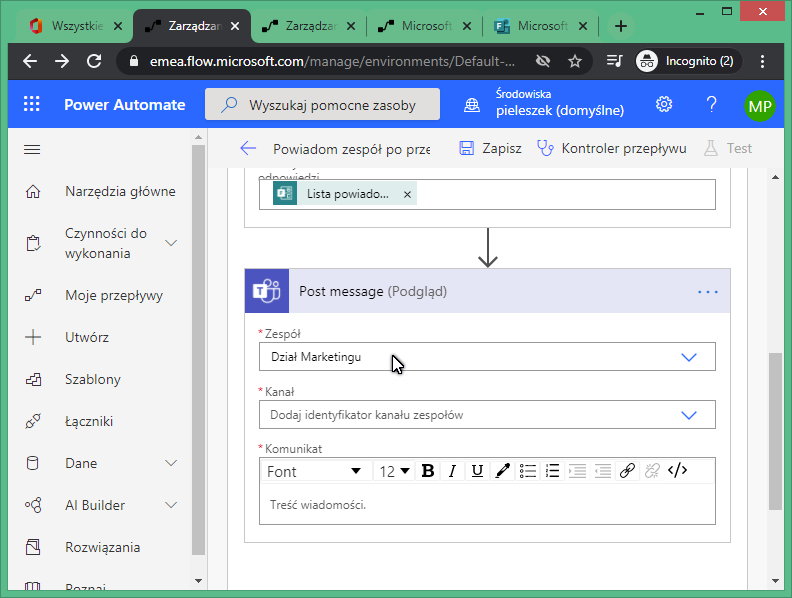 Rysunek 3 Wybór zespołu do którego będą przesyłane automatyczne powiadomienia.