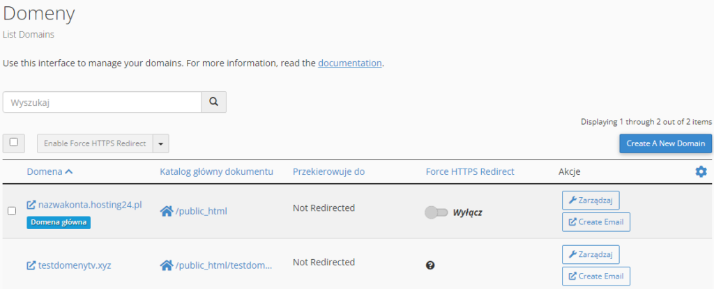 domena glowna w cpanel