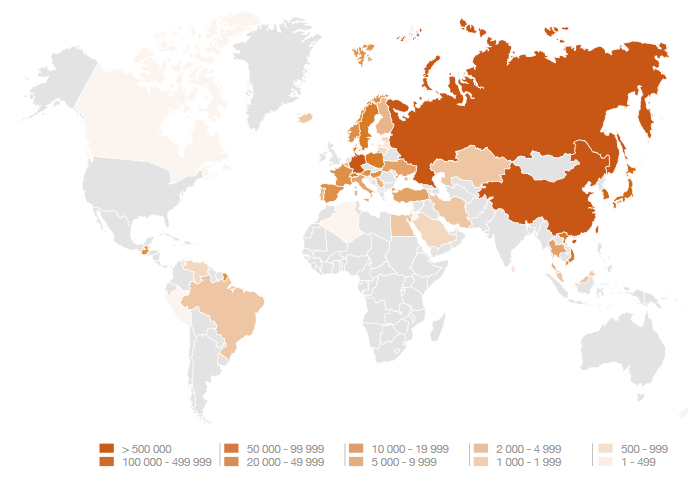 Mapa ciepła dla domen IDN (2013)
