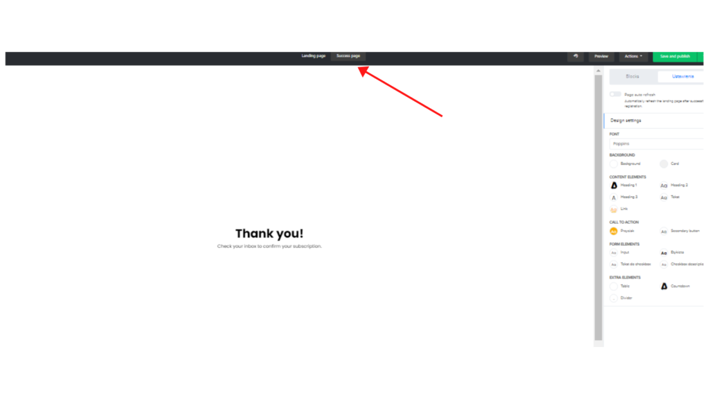 Rysunek 10 Edycja strony z podziękowaniem landing page mailerlite 