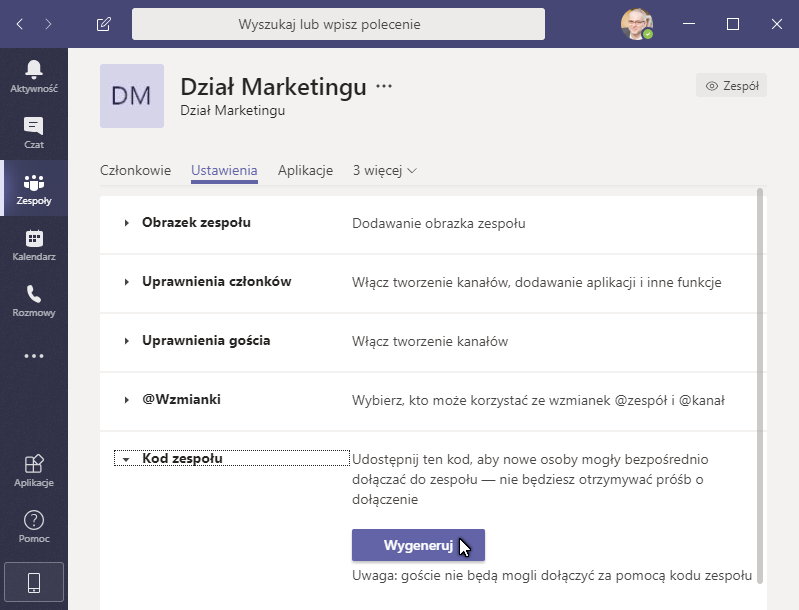 Generowanie kodu dostępu do zespołu w Teams