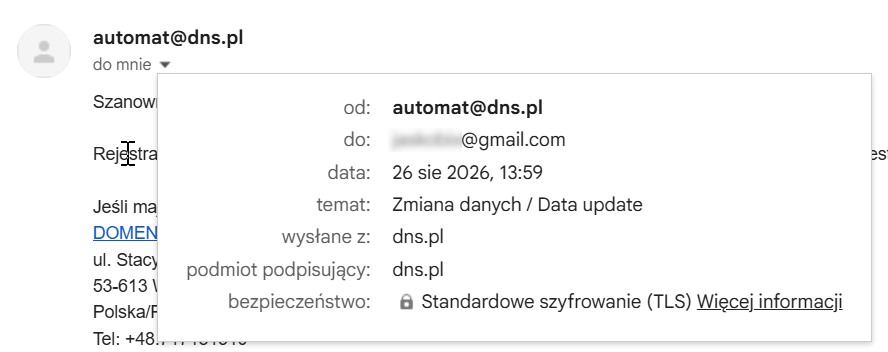 Sprawdzanie adresata wiadomości „Zmiana danych / Data update” od dns.pl