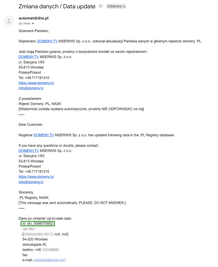 Przykład wiadomości Zmiana danych / Data update” od NASK (dns.pl)
