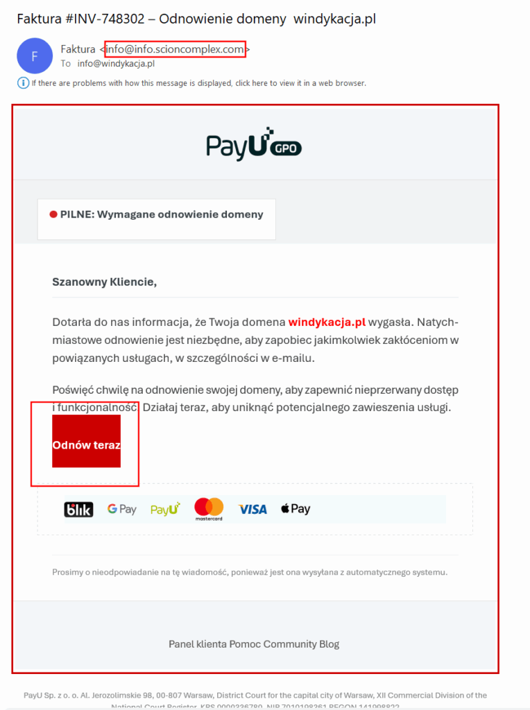 oszustwo na przedluzenie domeny i payu