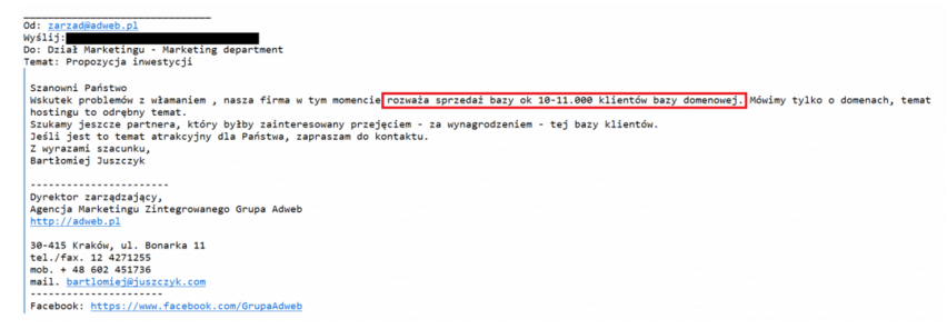 Przykład maila, jakie zostały wysłane przez grupę Adweb. Źródło: hostingnews.pl