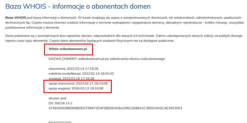 sprawdzanie opcji na domene w bazie whois