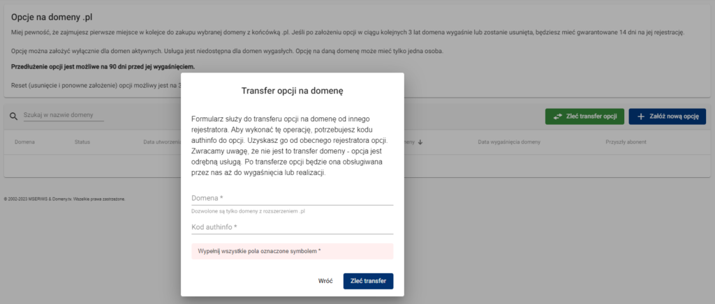 transfer opcji na domene w domeny.tv