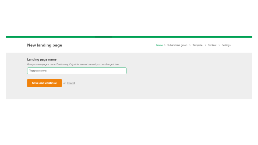 Rysunek 4 Wpisanie nazwy landing page mailerlite 
